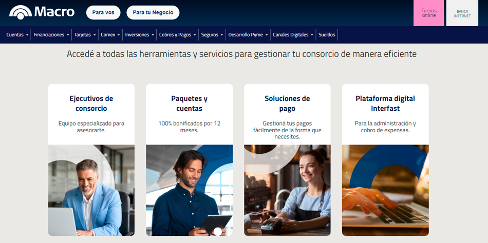 Sitio web del Banco Macro dedicado a los consorcios.